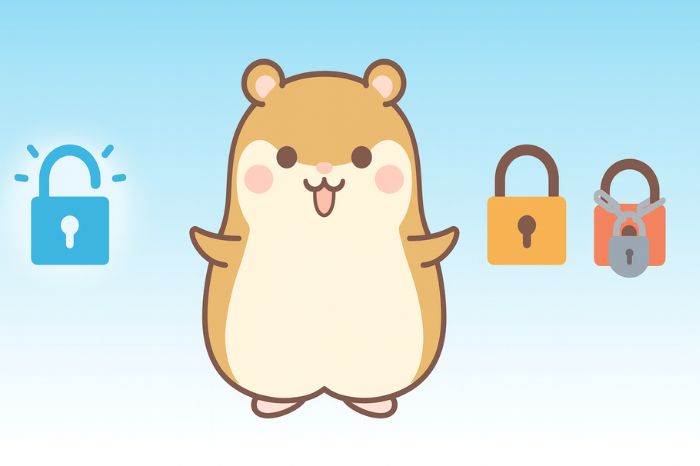 XMの口座凍結と休眠口座の違いを説明するハムスターと3つの南京錠(アクティブ・休眠・凍結状態)