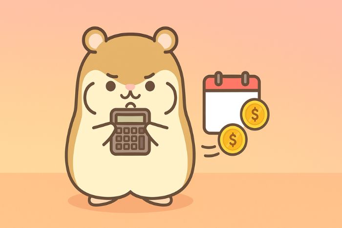 XM口座維持手数料の仕組みを計算するハムスターと月ごとに飛んでいくコイン