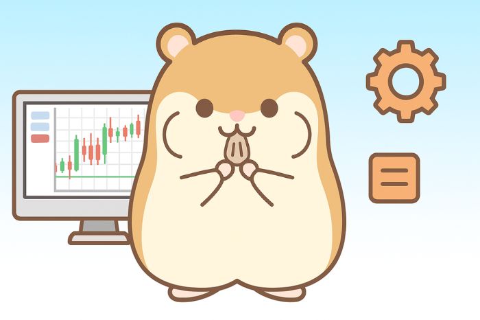 XMの自動売買EAの基礎知識を説明するイラスト、MT4とMT5の取引画面と設定アイコンを持つハムスターキャラクター
