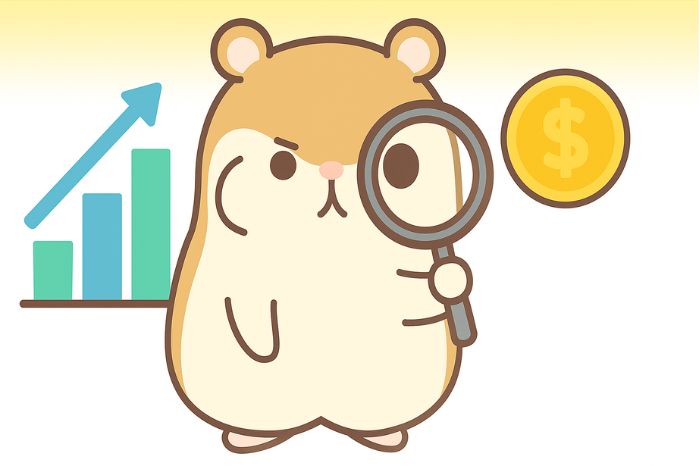 XM自動売買EAの収益性を虫眼鏡で検証するハムスターキャラクター、上昇グラフとコインで利益を表現