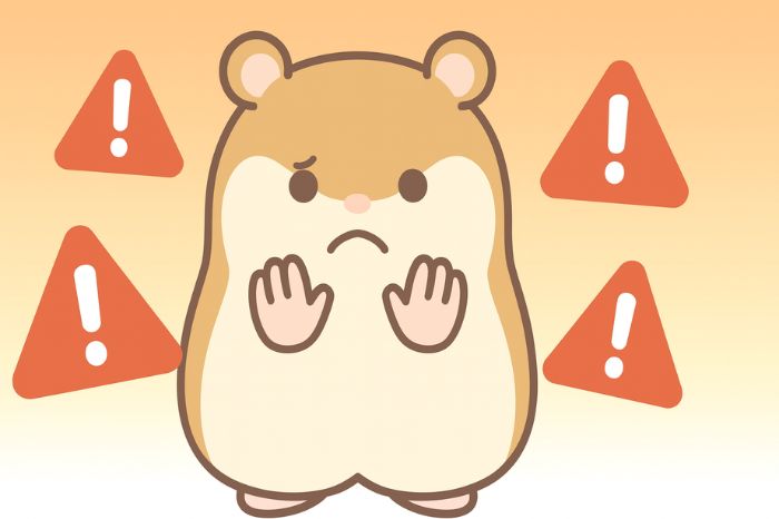 XM自動売買の禁止事項と注意点を示す警告イラスト、ストップポーズのハムスターキャラクターと警告マーク