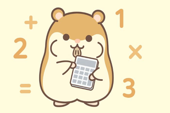 XMゴールドのスワップポイント計算方法を電卓で確認するハムスターキャラクター