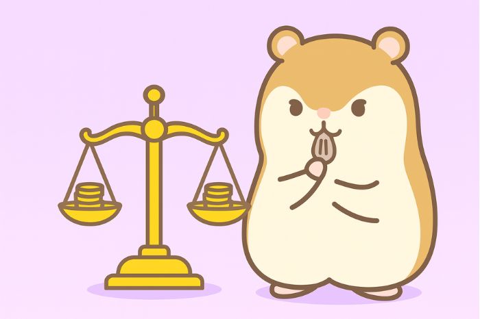 XMゴールドのスワップポイントと他社を比較検討するハムスターキャラクター