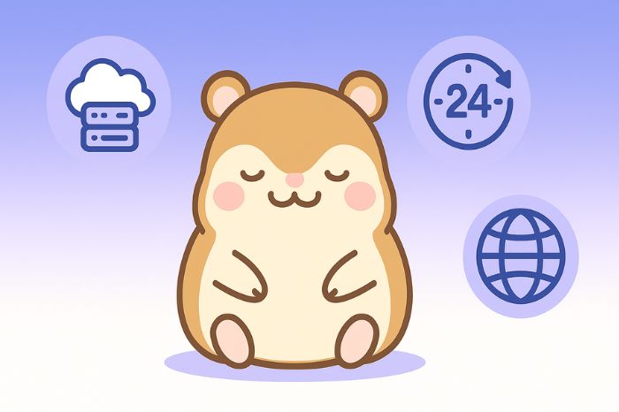 XM自動売買の24時間安定稼働を実現するVPS活用方法、クラウドサーバーと時計とハムスターキャラクター