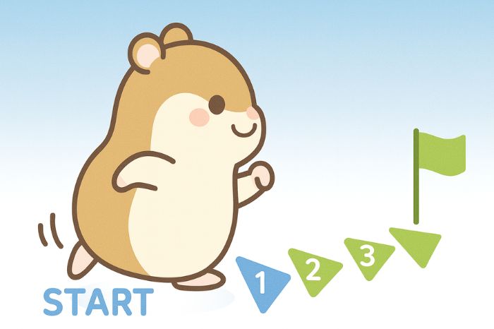 XMの口座開設から取引開始までの流れを示すハムスターのイラスト