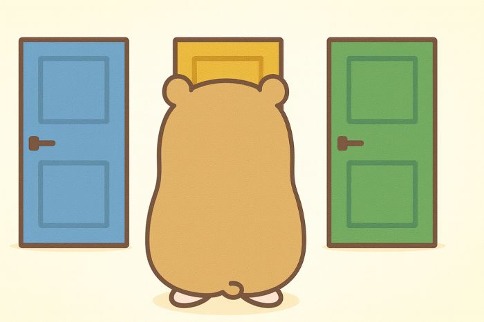 タンダード口座・KIWAMI極口座・マイクロ口座の3つのドアを選ぶハムスターキャラクター