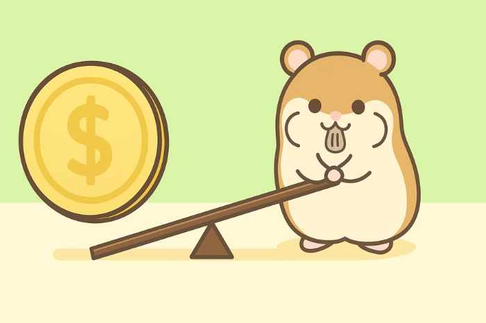 レバレッジの仕組みをテコでコインを持ち上げて説明するハムスターキャラクター
