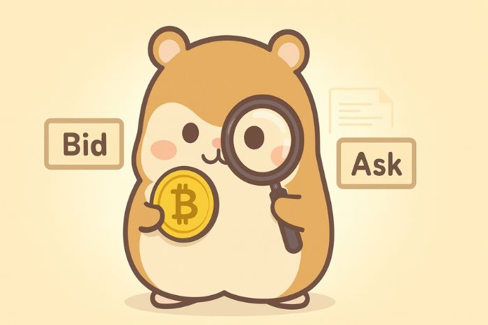 ビットコインのスプレッドを虫眼鏡で調べるハムスターキャラクターと売値買値の価格表示
