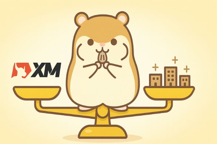 XMと他社のビットコインスプレッドを天秤で比較するハムスターキャラクター