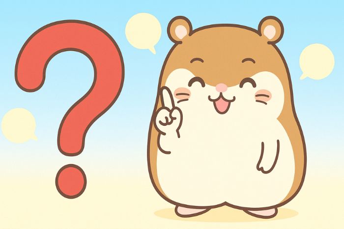 ビットコインスプレッドのよくある質問に答えるハムスターキャラクターとクエスチョンマーク