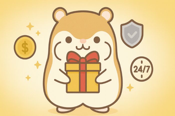 XMのビットコイン取引メリットを表すギフトボックスとボーナスコインを持つハムスターキャラクター