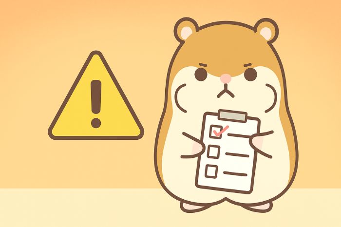 ビットコイン取引の注意点を示す警告マークとチェックリストを持つハムスターキャラクター