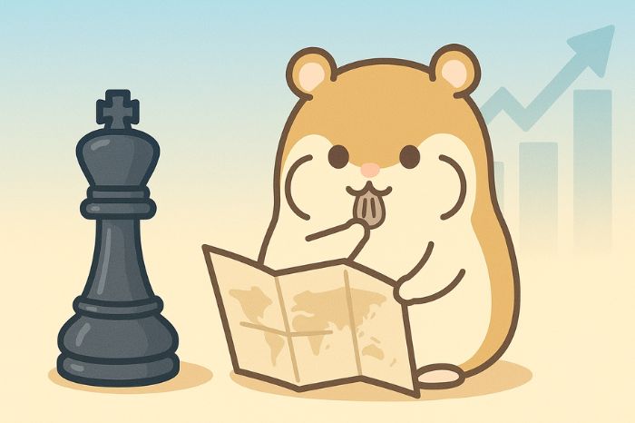 ビットコイン取引戦略を考えるハムスターキャラクターとチェスの駒・上昇チャート