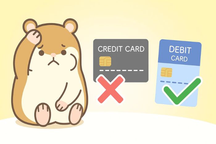 XMでクレジットカードとデビットカードが使えない原因と対処法を説明するハムスターとカードのイラスト