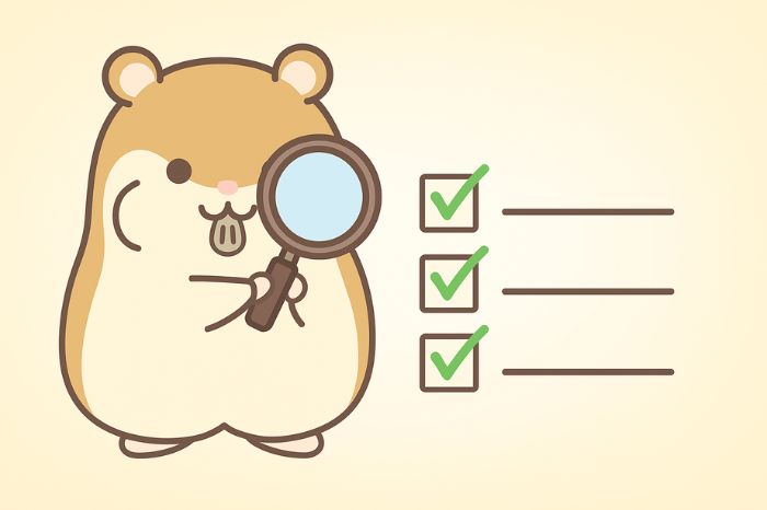 XMコンビニ入金の基本情報と条件を確認するハムスターキャラクター。手数料・反映時間・入金額の制限などの重要項目をチェックリストで表示