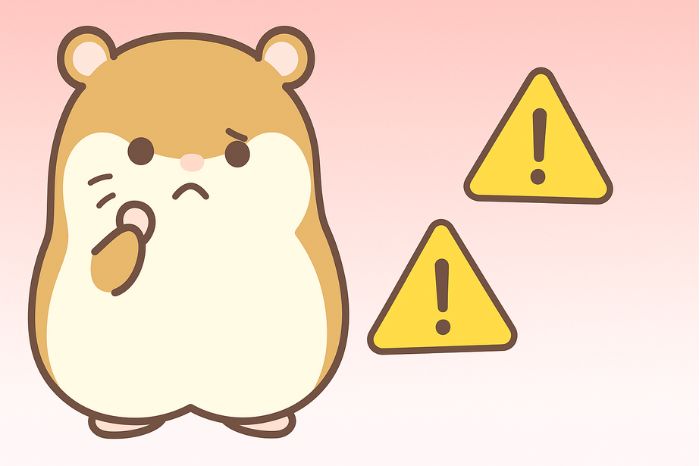XMコンビニ入金のデメリットと注意点を説明するハムスターキャラクター。手数料・入金制限・対応コンビニの制約など利用前に確認すべきポイント
