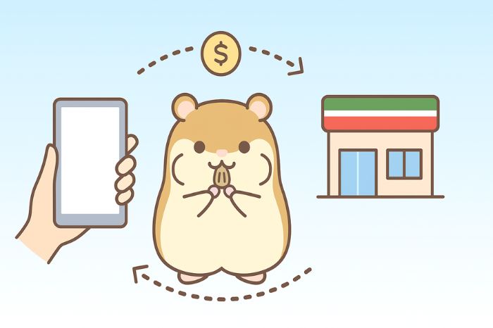 XMのコンビニ入金(Local Transfer)の仕組みを説明する図。ハムスターキャラクターとコンビニ、スマートフォンを矢印で結び、入金の流れを視覚的に表現