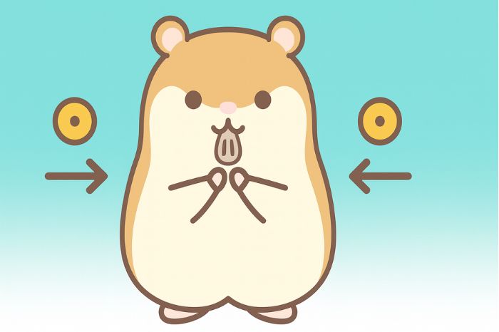 XMコンビニ入金と出金の関係を示す図。ハムスターキャラクターと双方向の矢印で、入金ルールと銀行出金の手数料体系を視覚的に説明