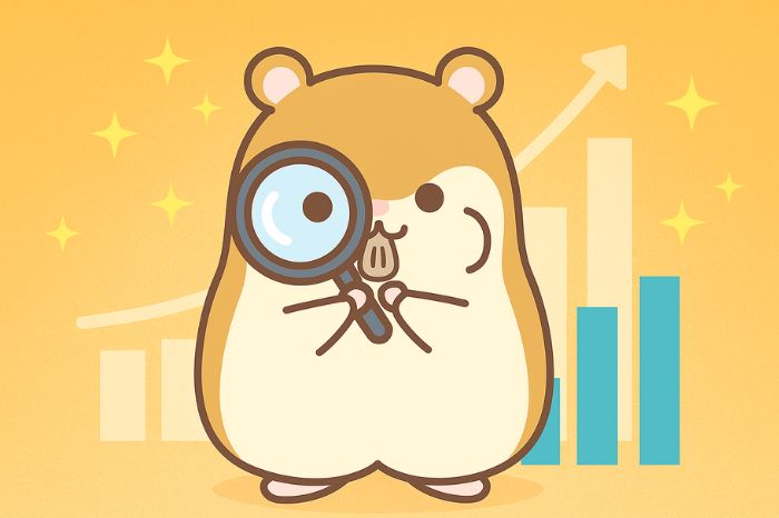 XMコピートレードで成功するための7つのコツを表現。実績重視、分散投資、リスク管理など戦略的ポイントを虫眼鏡で分析するハムスターと上昇チャートで図解