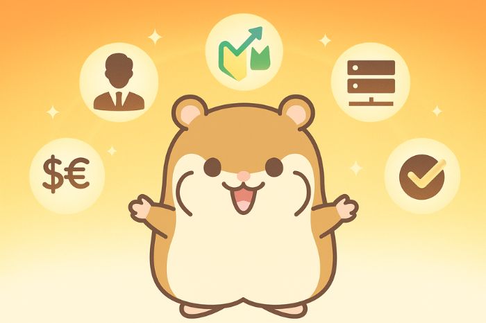 
XMコピートレードの5つの主なメリットを表現。プロトレーダーの戦略コピー、初心者対応、VPS不要、多様な銘柄、裁量トレード併用可能な点を喜ぶハムスターと共に図解