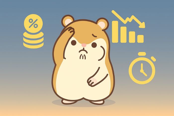 XMコピートレードのデメリットと注意点を説明。手数料、リスク、スキル向上の課題について考え込むハムスターキャラクターと注意アイコンで表現