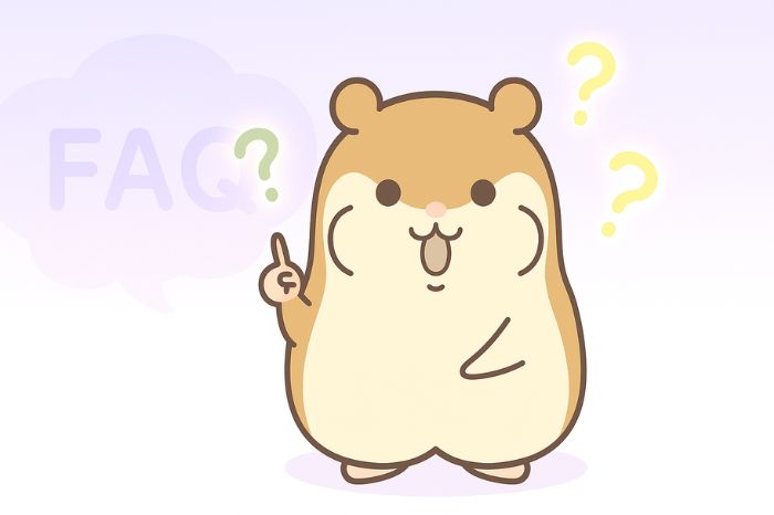 XMコピートレードに関するよくある質問FAQセクション。最低投資額、合法性、ボーナス適用などの疑問を解決するハムスターキャラクターとクエスチョンマークで表現