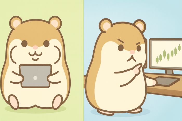 XMコピートレードにおける投資家とストラテジーマネージャーの2つの立場を比較。左側にリラックスして取引を見守る投資家、右側に真剣にトレードするストラテジーマネージャーをハムスターで表現
