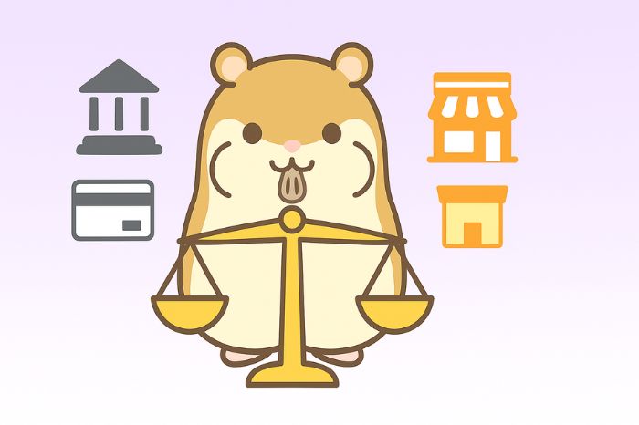 XMの入金方法を比較するハムスターキャラクター。コンビニ入金・クレジットカード・銀行送金など各入金方法の特徴を天秤で比較検討