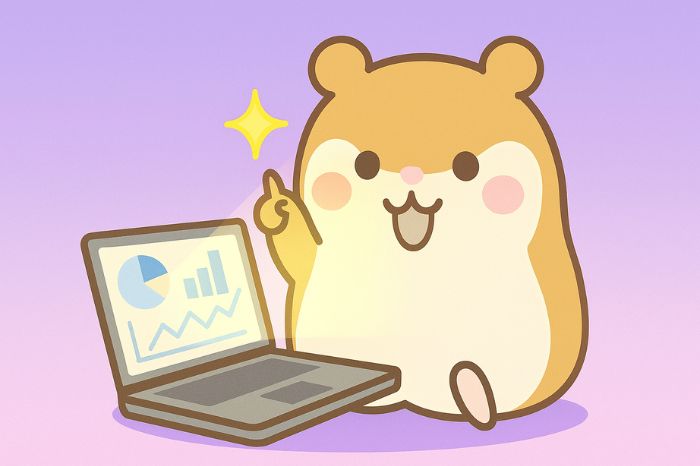 XMの公式ロット計算ツールをパソコンで使用するハムスターキャラクター