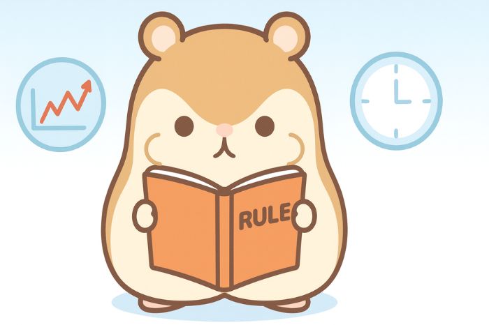 XMのスキャルピング取引ルールを学ぶハムスターキャラクター