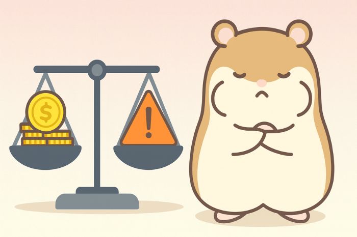 金貨と警告マークが乗った天秤の横で考え込むハムスターのイラスト