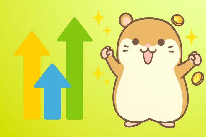 3本の上向き矢印の横でガッツポーズをするハムスターのイラスト