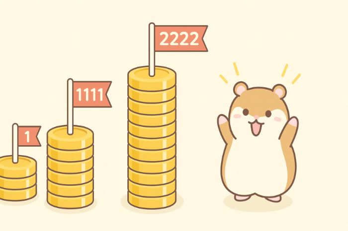 3つの高さの異なる金貨タワーと喜ぶハムスターのイラスト
