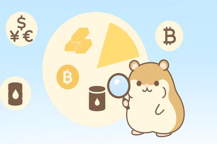 通貨・金・ビットコイン・石油のアイコンを虫眼鏡で調べるハムスターのイラスト