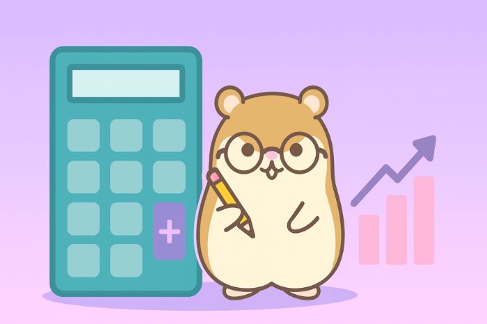 電卓とチャートグラフの横でメモを取るメガネをかけたハムスターのイラスト