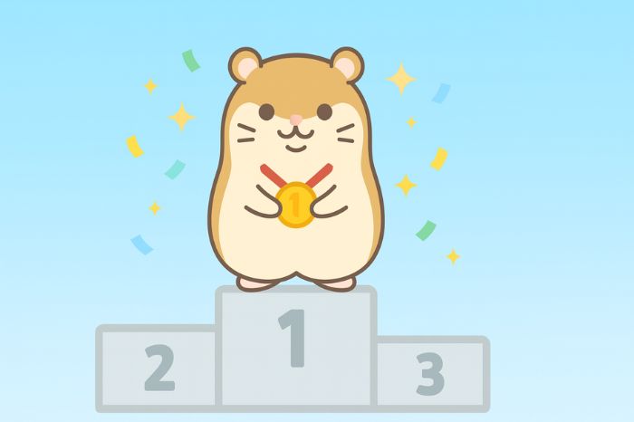 表彰台の1位に立ち金メダルをかけたハムスターのイラスト