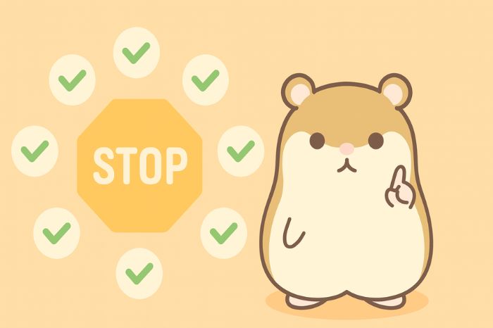 注意標識と7つのチェックマークの横で人差し指を立てるハムスターのイラスト