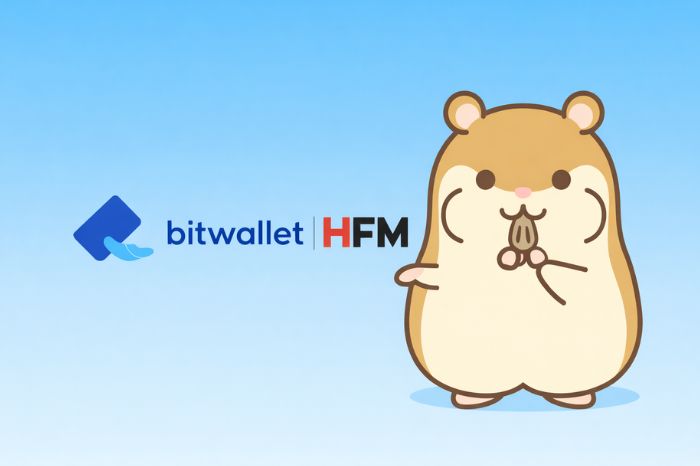 HFMとbitwalletのロゴを紹介するハムスターキャラクター