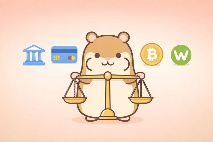 
HFMの入金方法を比較するハムスターと銀行・カード・仮想通貨アイコン