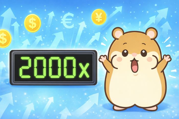 HFMの最大レバレッジ2000倍を示すデジタル表示と驚くハムスターキャラクター