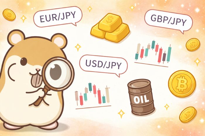 FX通貨ペアやゴールドなど各銘柄アイコンと虫眼鏡で調べるハムスターキャラクター