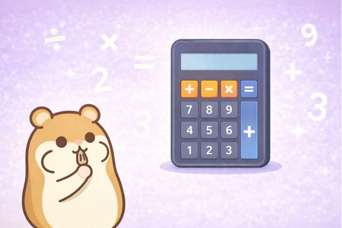 証拠金計算を表す電卓アイコンと考えるポーズのハムスターキャラクター