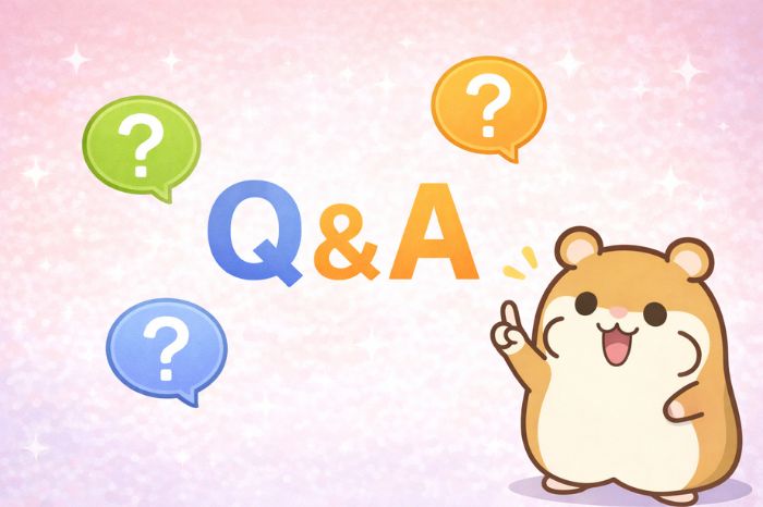 Q&Aの文字と質問の吹き出し、回答するポーズのハムスターキャラクター