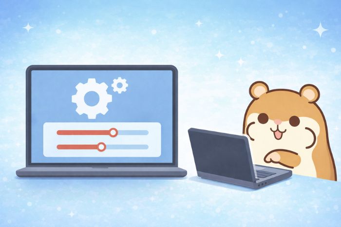 パソコンでレバレッジ設定を変更する操作画面とハムスターキャラクター