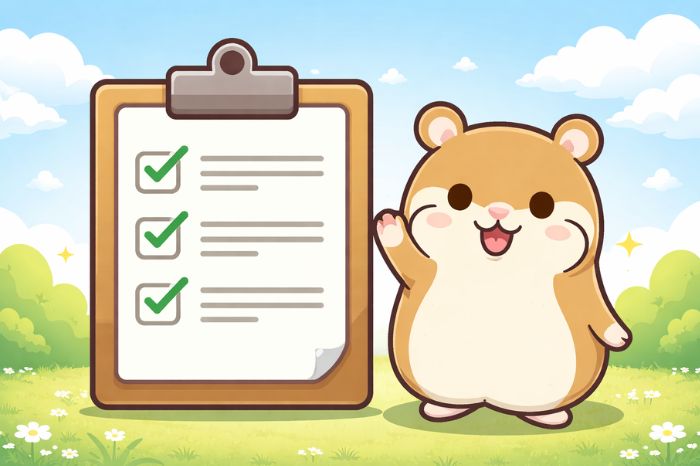 完了チェックリストと笑顔で手を振るハムスターキャラクター