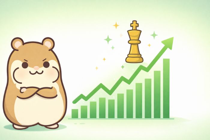 上昇チャートと戦略を表すチェス駒、自信満々のハムスターキャラクター