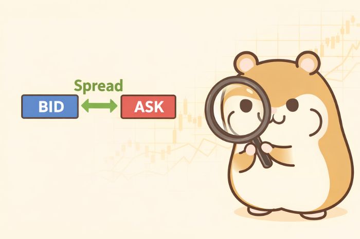 HFMのスプレッドの仕組みを虫眼鏡で確認するハムスター