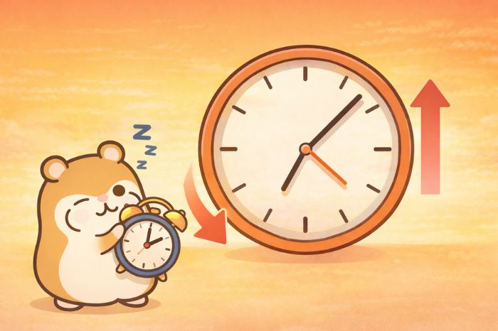 スプレッドが広がる早朝の時間帯を時計で示すハムスター