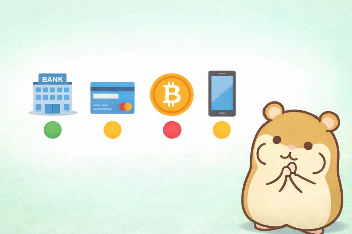 XMの入出金方法を比較検討するハムスターと決済アイコン