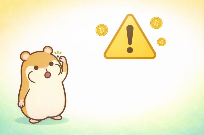 HFMビットコイン取引の注意点を表す警告マークとハムスターのイラスト